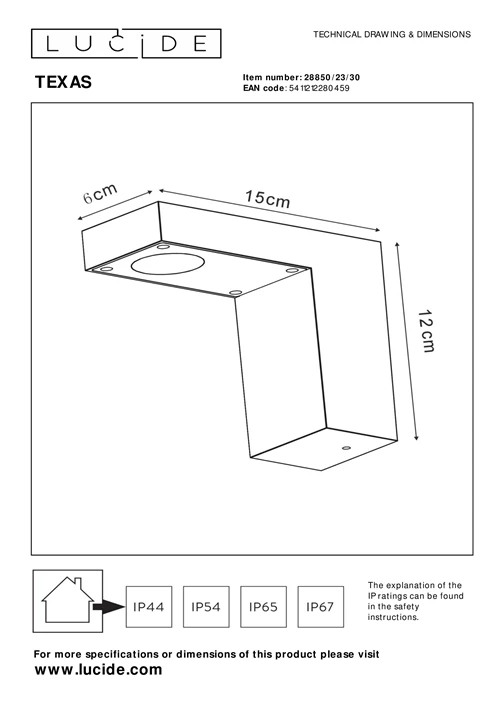 Lucide TEXAS - Wandspot / Wandlamp Binnen/Buiten - LED - 1x7W 3000K - IP54 - Antraciet - technisch